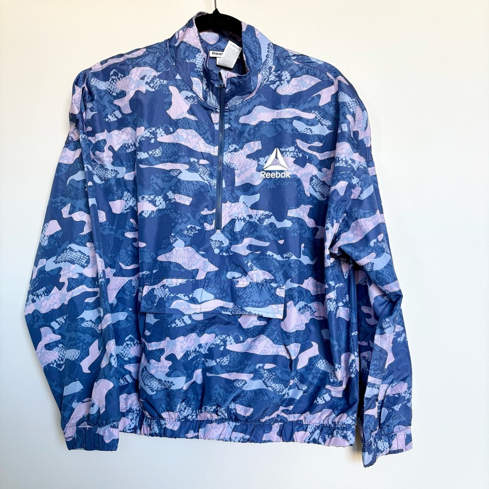 Reebok Camo Windbreaker Pullover Jacket,Blue Pink Quarter Zip, Women’s Size L